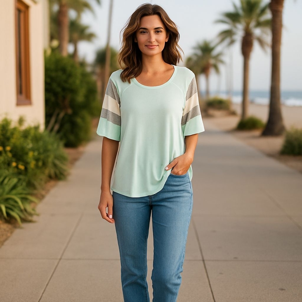maurices 24/7 Colorblock Raglan Top | Mint & Grey | Large - Picture 2 of 10